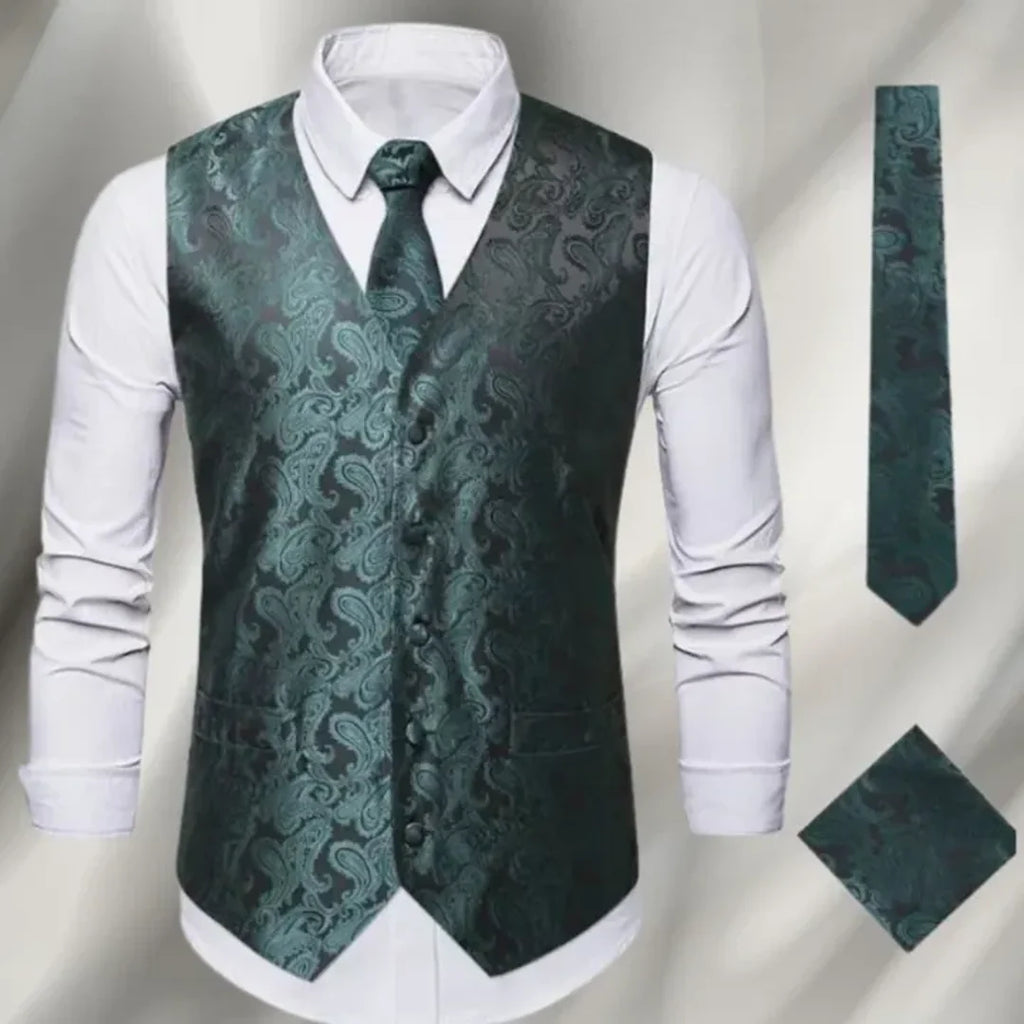 Men's dark green paisley waistcoat with matching tie