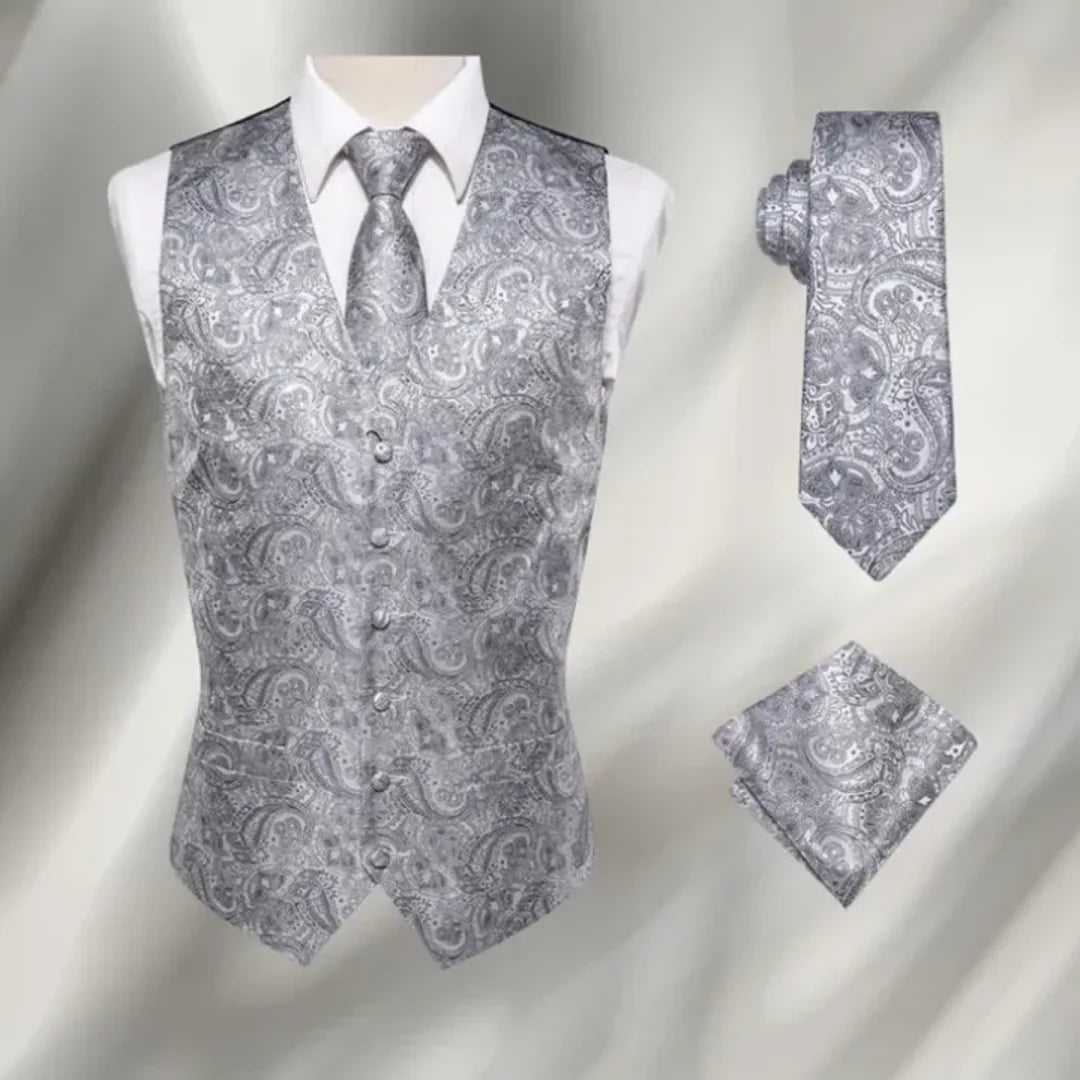 Men's silver paisley waistcoat set