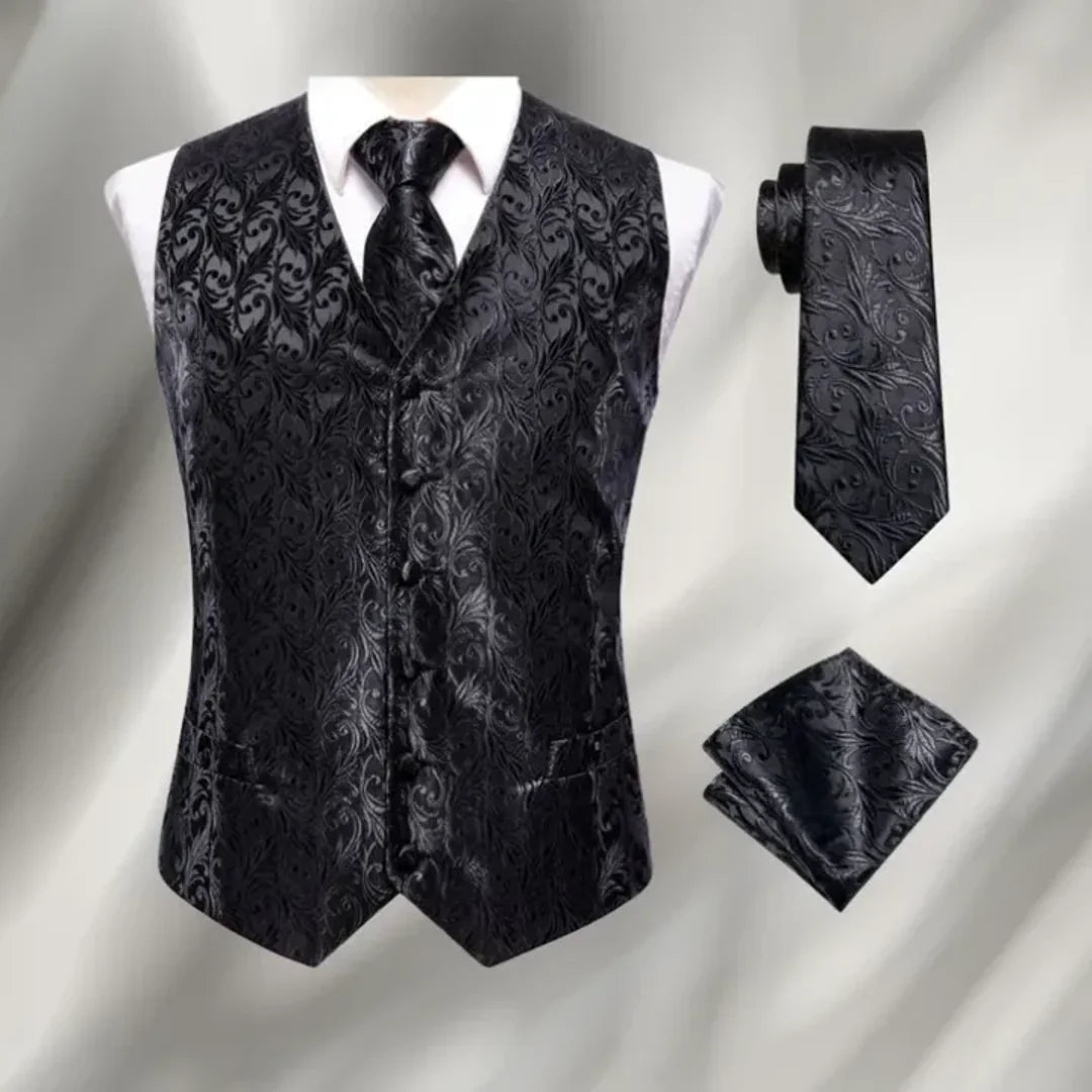 Men's black paisley waistcoat with tie and pocket square