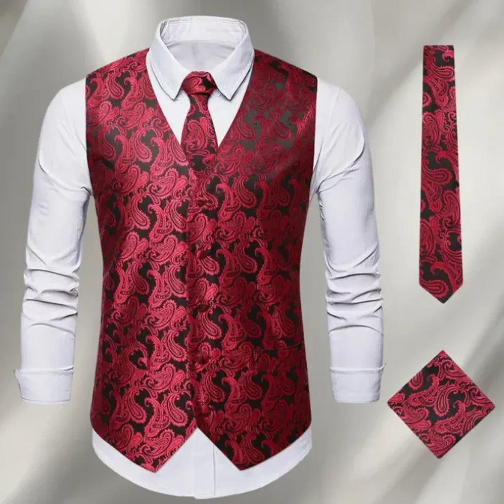 Men's burgundy paisley waistcoat with matching tie