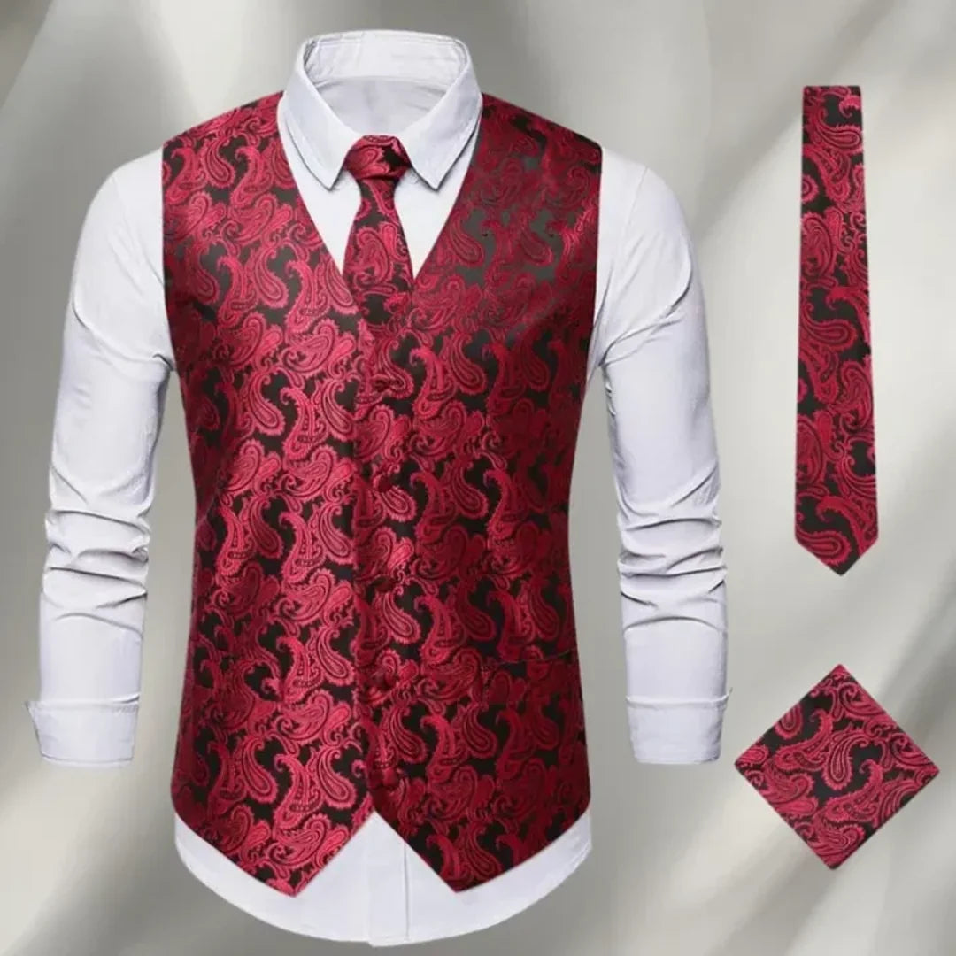 Men's burgundy paisley waistcoat with matching tie