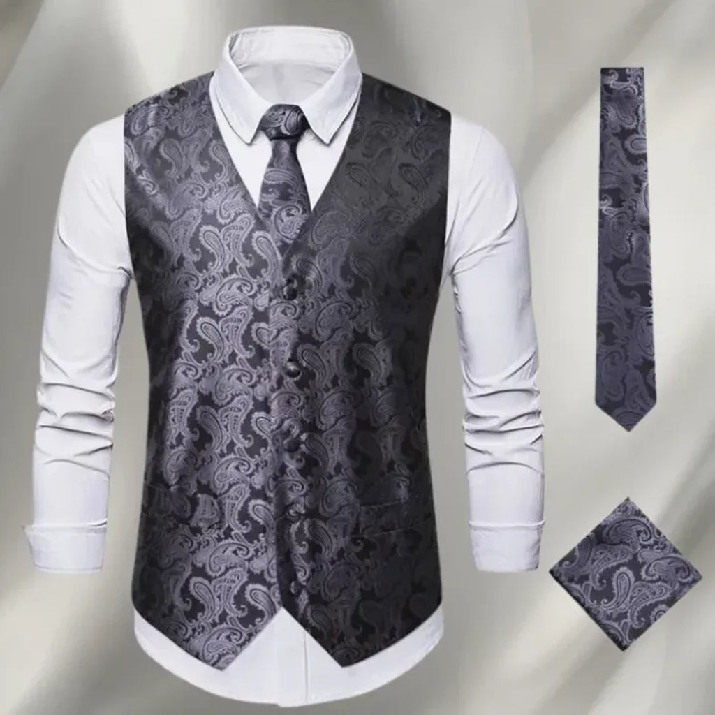 Men's dark grey paisley waistcoat set