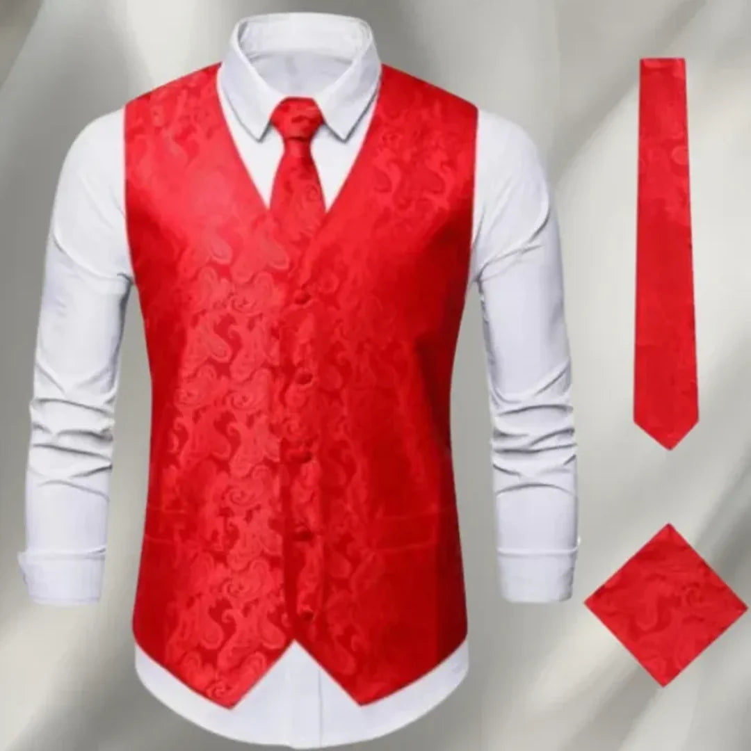 Men's red paisley waistcoat with tie and pocket square