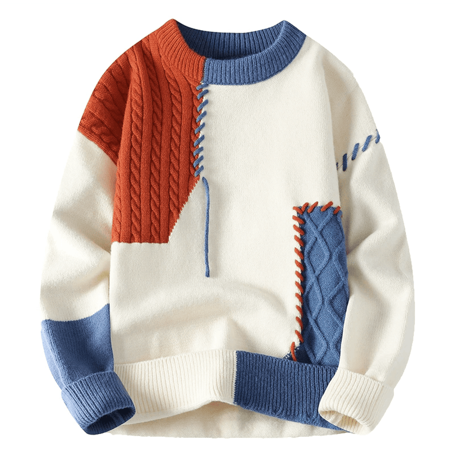 Men's Patchwork Cable Knit Sweater with Contrast Stitching for Autumn Days