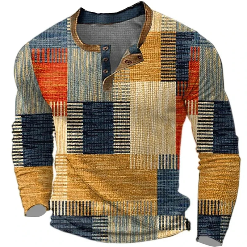 Men's Patchwork Check Henley Shirt with Long Sleeves for Casual Days