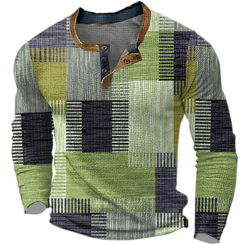 Men's patchwork check henley shirt in green