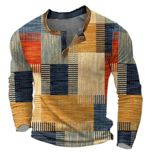 Men's Patchwork Print Henley Shirt with Contrast Button Placket for Casual Days