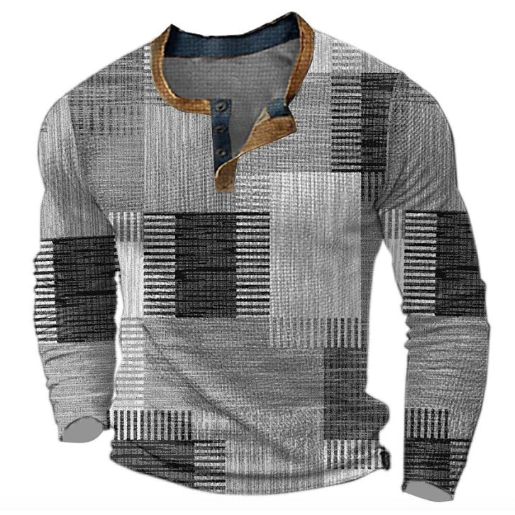Men's patchwork print henley shirt in grey patchwork