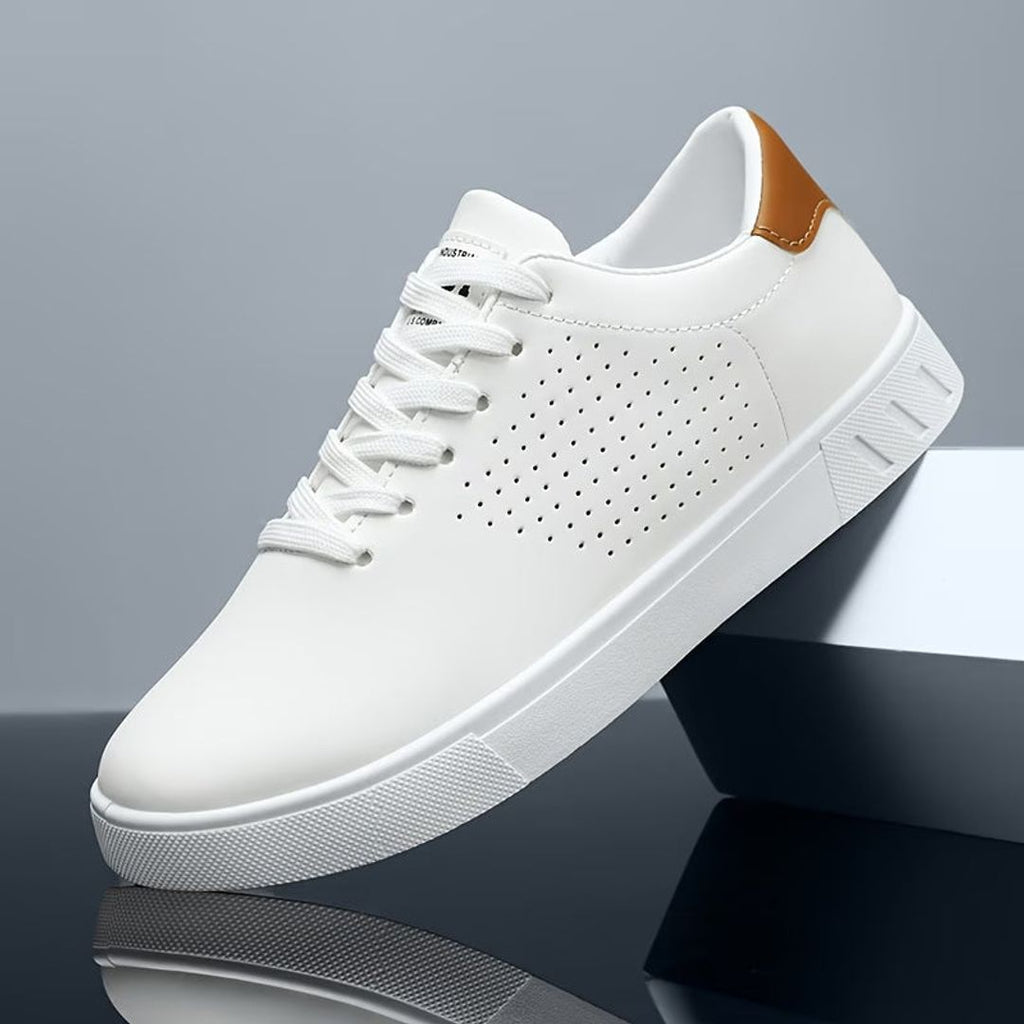 Men's perforated low top sneakers in white, side view
