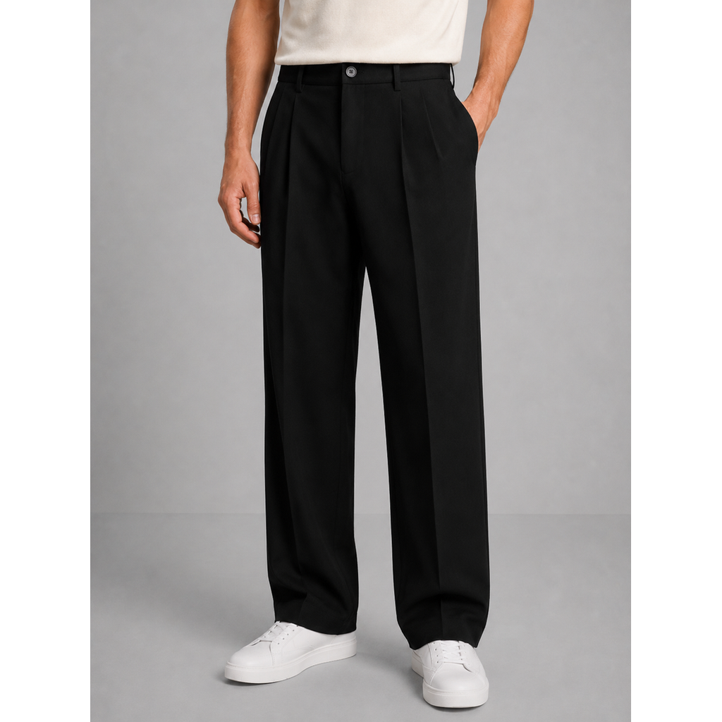 Men's black pleated straight leg trousers