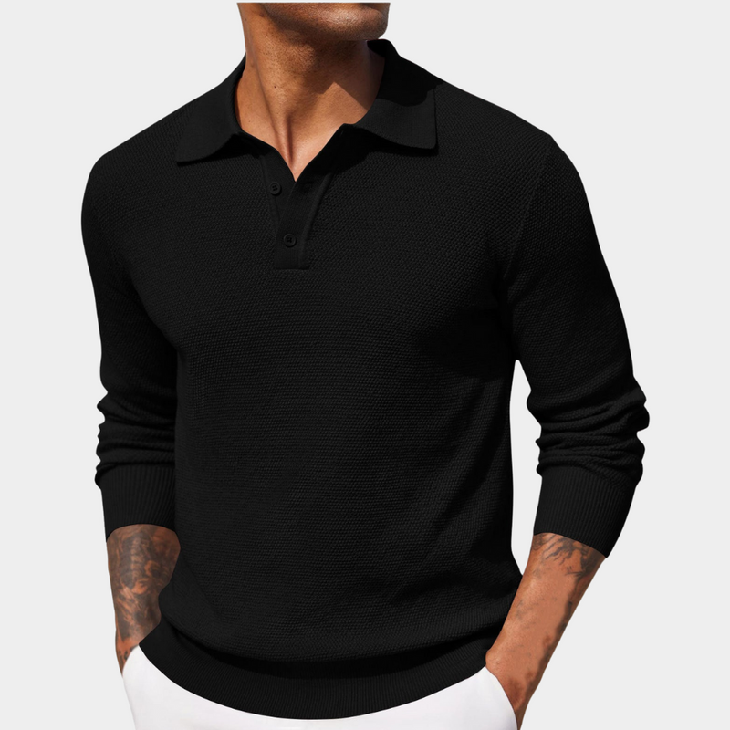 Men's polo collar knit pullover in black