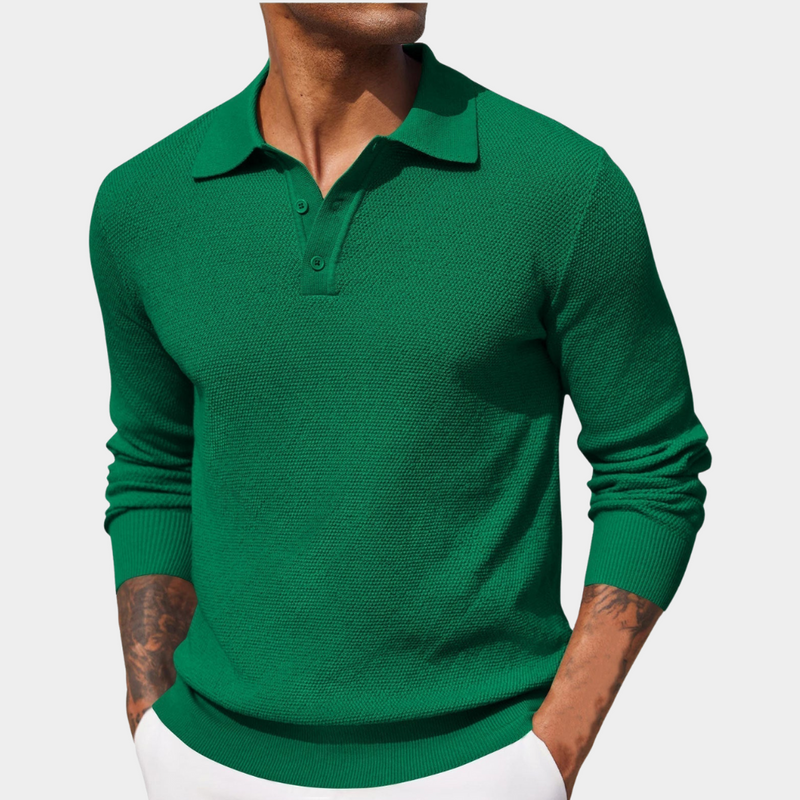 Men's polo collar knit pullover in green
