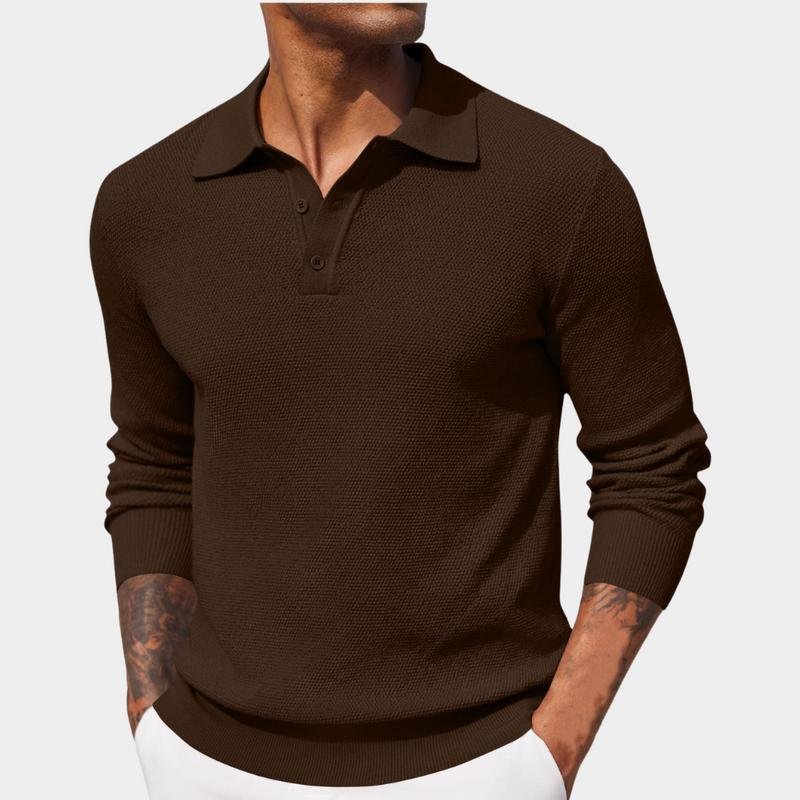 Men's polo collar knit pullover in brown