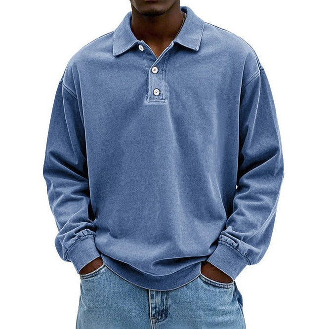 Men's Polo Collar Sweatshirt with Button Placket for Relaxed Days