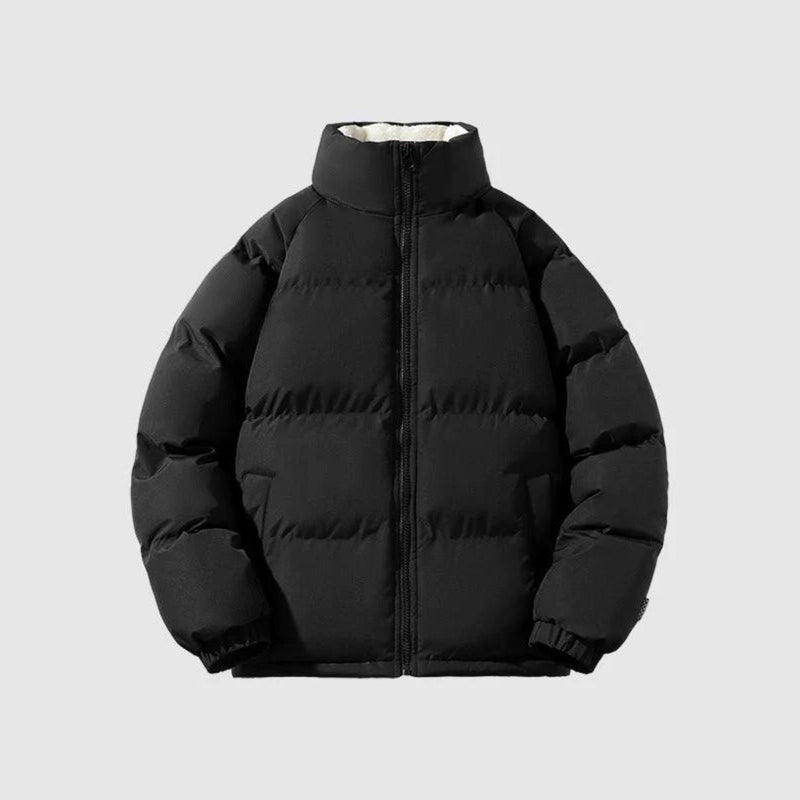 Men's black puffer jacket with stand collar – closed front