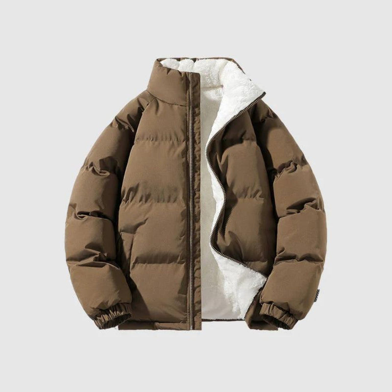 Men's puffer jacket with teddy lining in brown