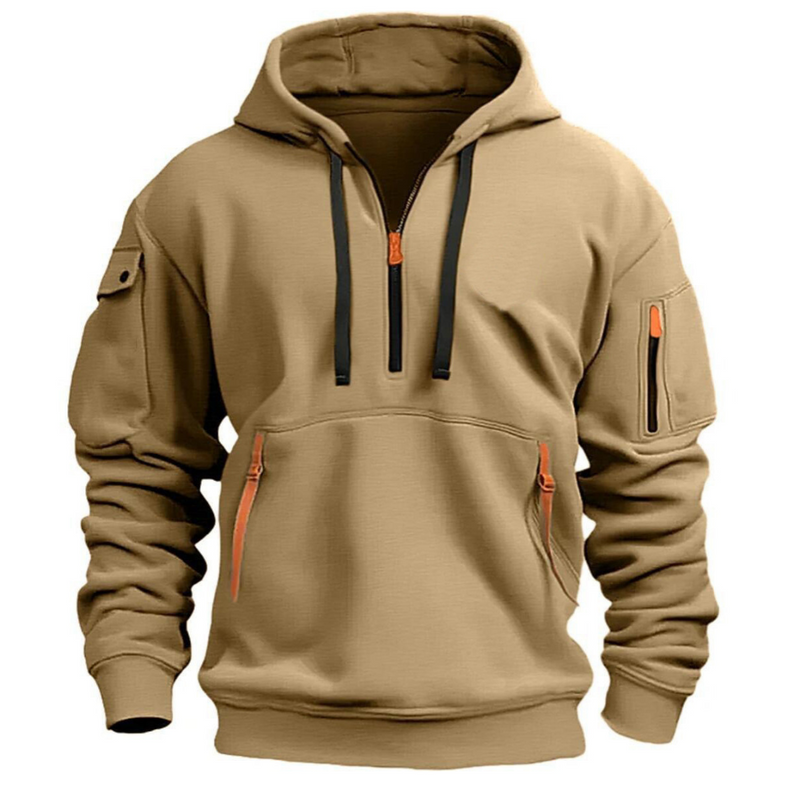 Men's pullover hoodie with zip pockets in khaki