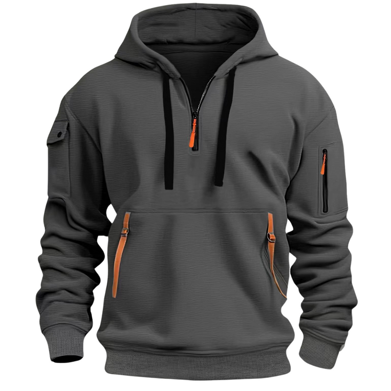 Men's pullover hoodie with zip pockets in dark grey