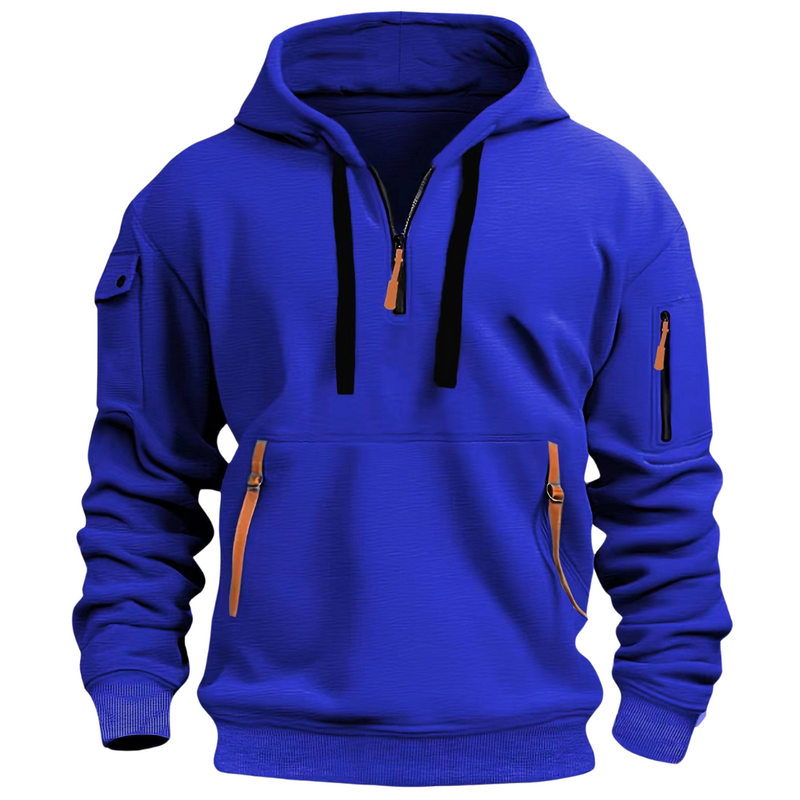 Men's pullover hoodie with zip pockets in blue