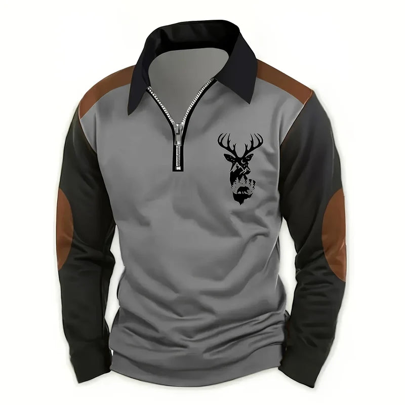 Men's Quarter-Zip Pullover with Stag Print and Contrast Sleeves