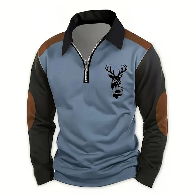 Men's quarter-zip stag print pullover in blue