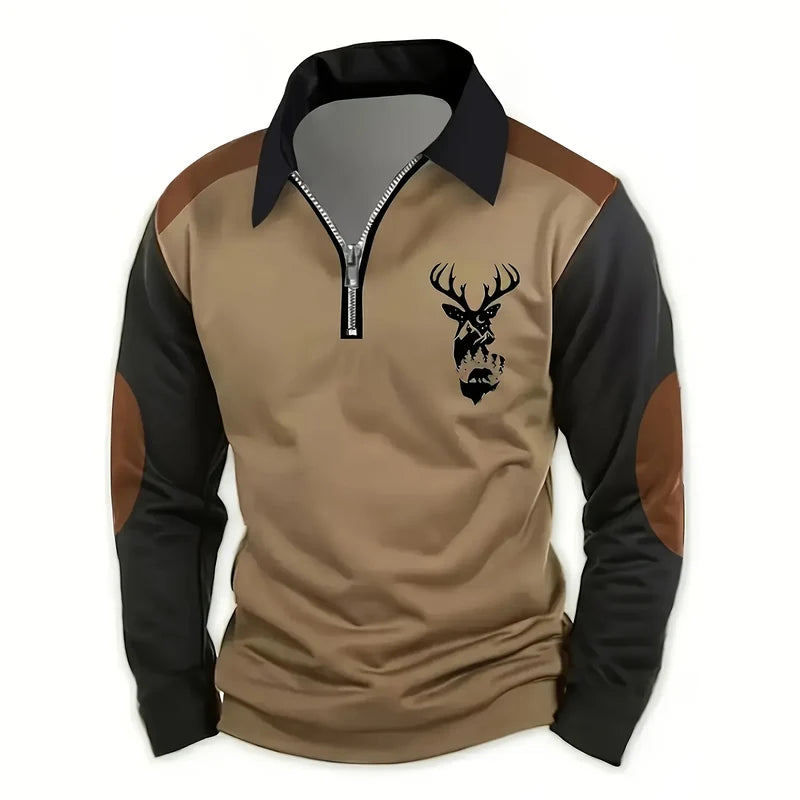 Men's quarter-zip stag print pullover in brown