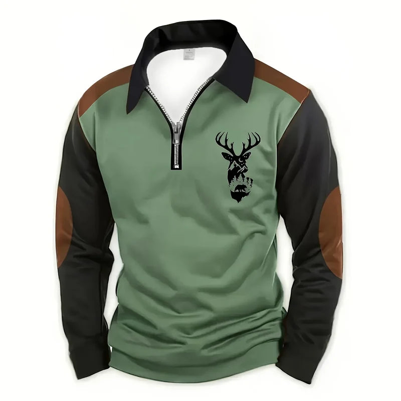 Men's quarter-zip stag print pullover in green