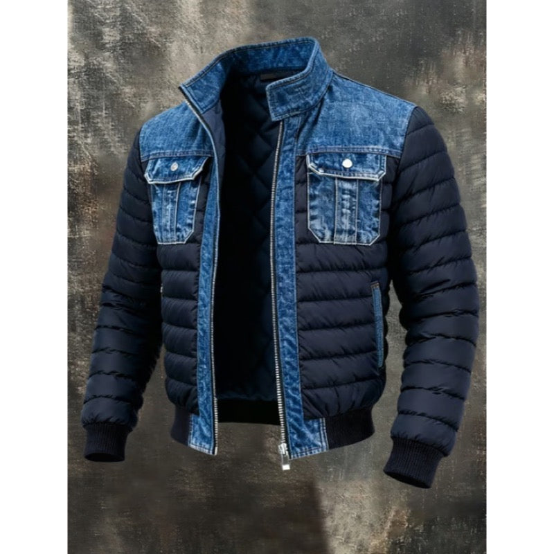 Men's Quilted Hybrid Jacket with Denim-Look Panels for Cooler Days