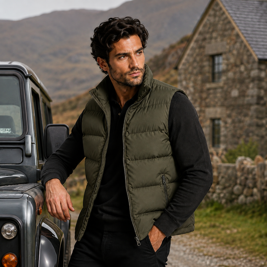 Man wearing an army green gilet outdoors
