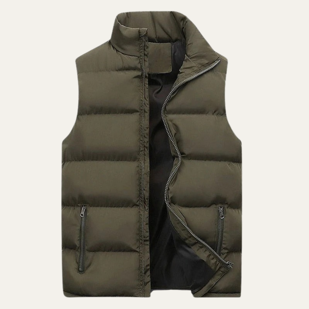 Men's army green quilted gilet with stand collar