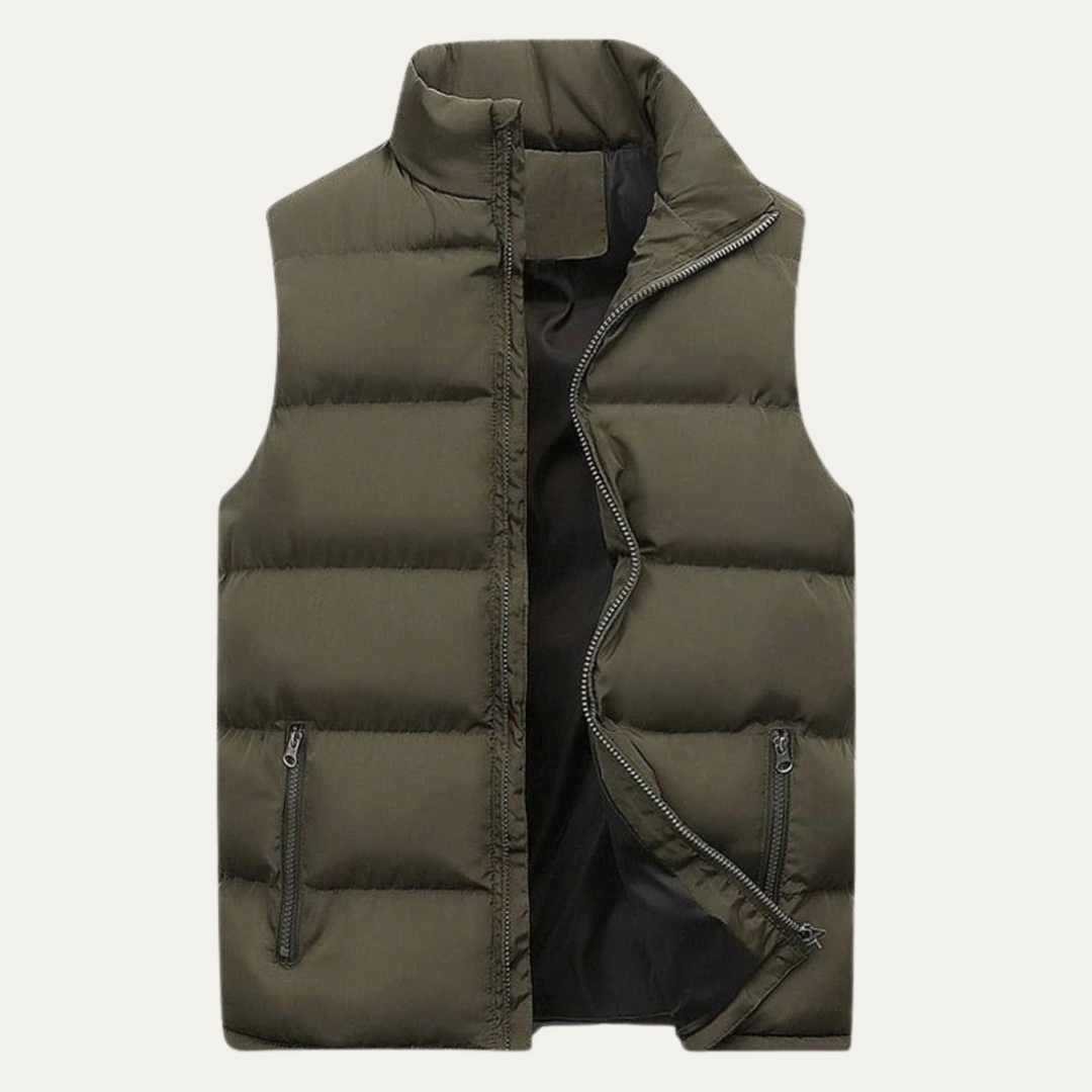 Men's army green quilted gilet with stand collar