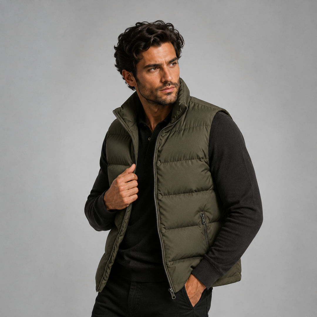 Man wearing an army green puffer gilet
