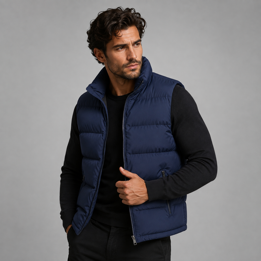 Man wearing a navy puffer gilet