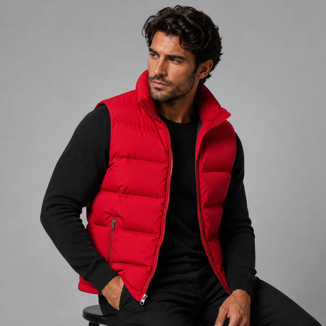 Man wearing a red puffer gilet over a black jumper