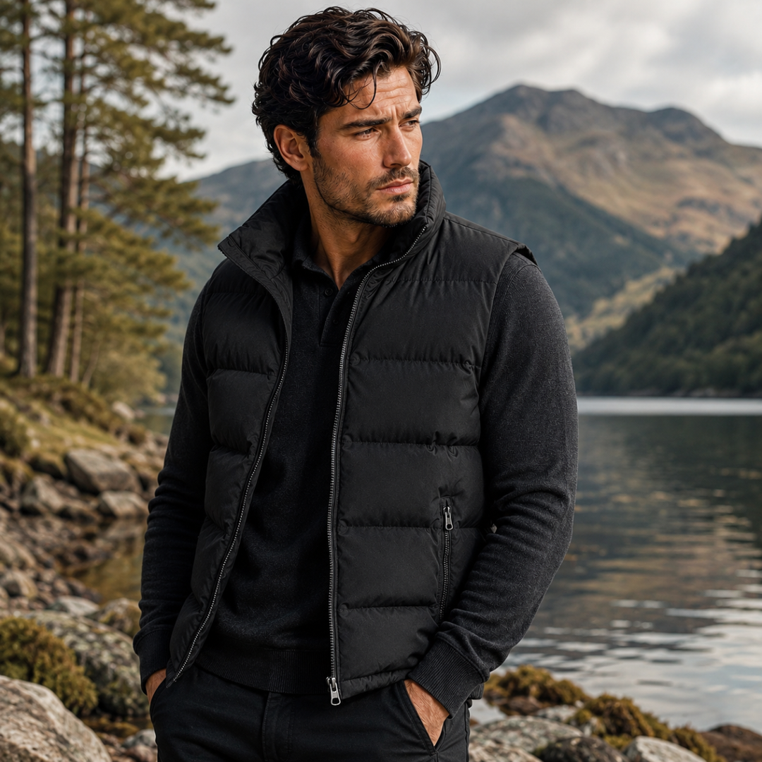 Man wearing a black puffer gilet by a lake