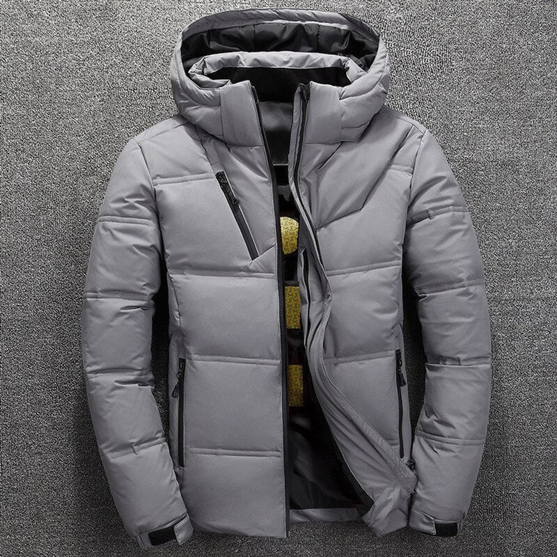 Men's quilted winter jacket with detachable hood in light grey