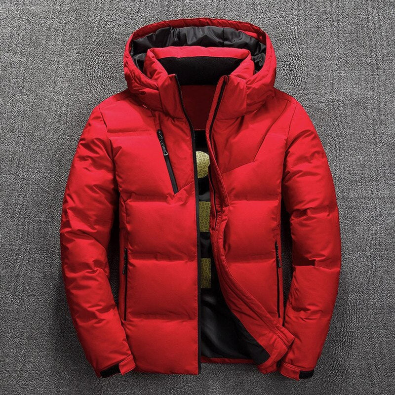 Men's quilted winter jacket with detachable hood in red