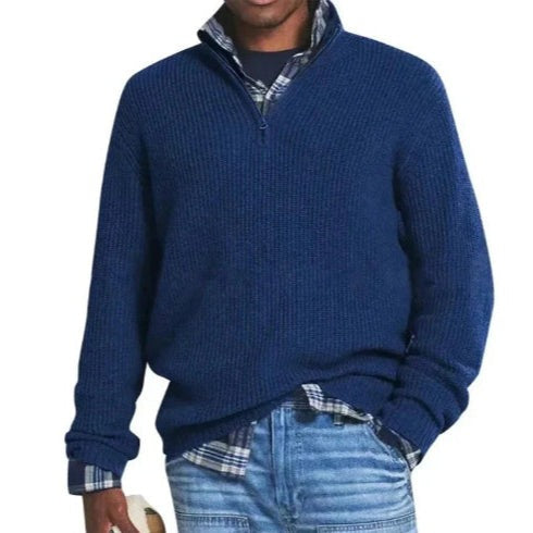 Men's ribbed half-zip sweater in navy blue