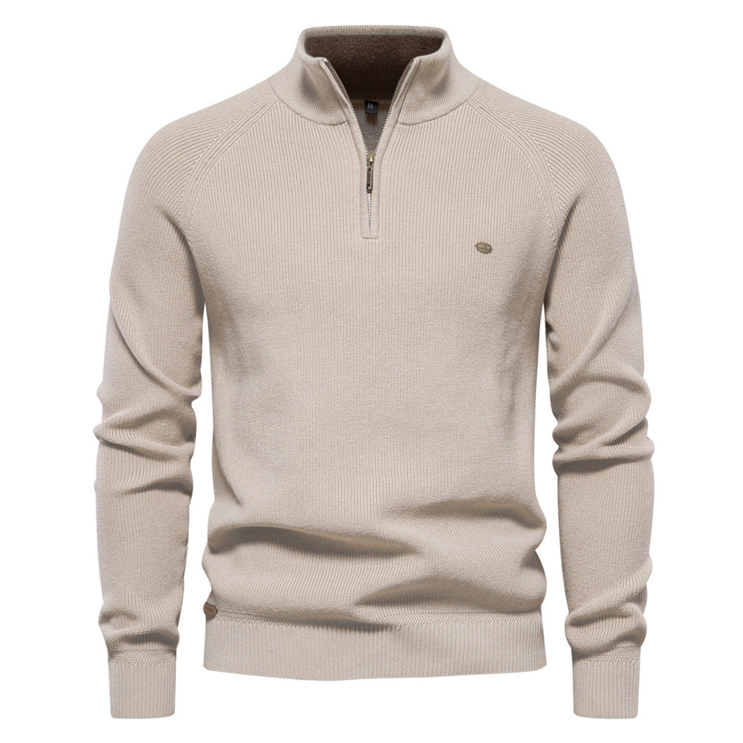 Men's ribbed half-zip sweater in beige – front view