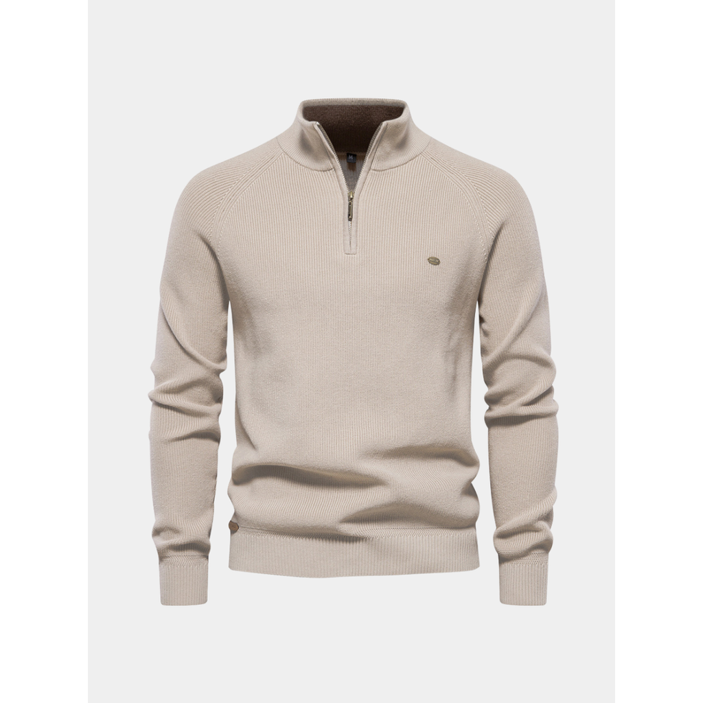 Men's beige half-zip knit sweater with stand collar