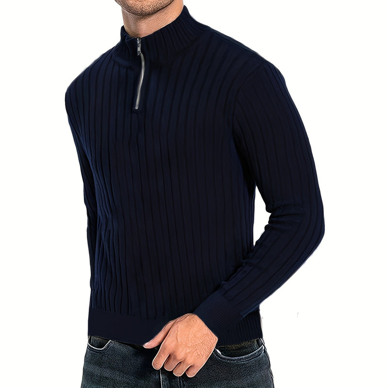 Man wearing the navy quarter-zip sweater