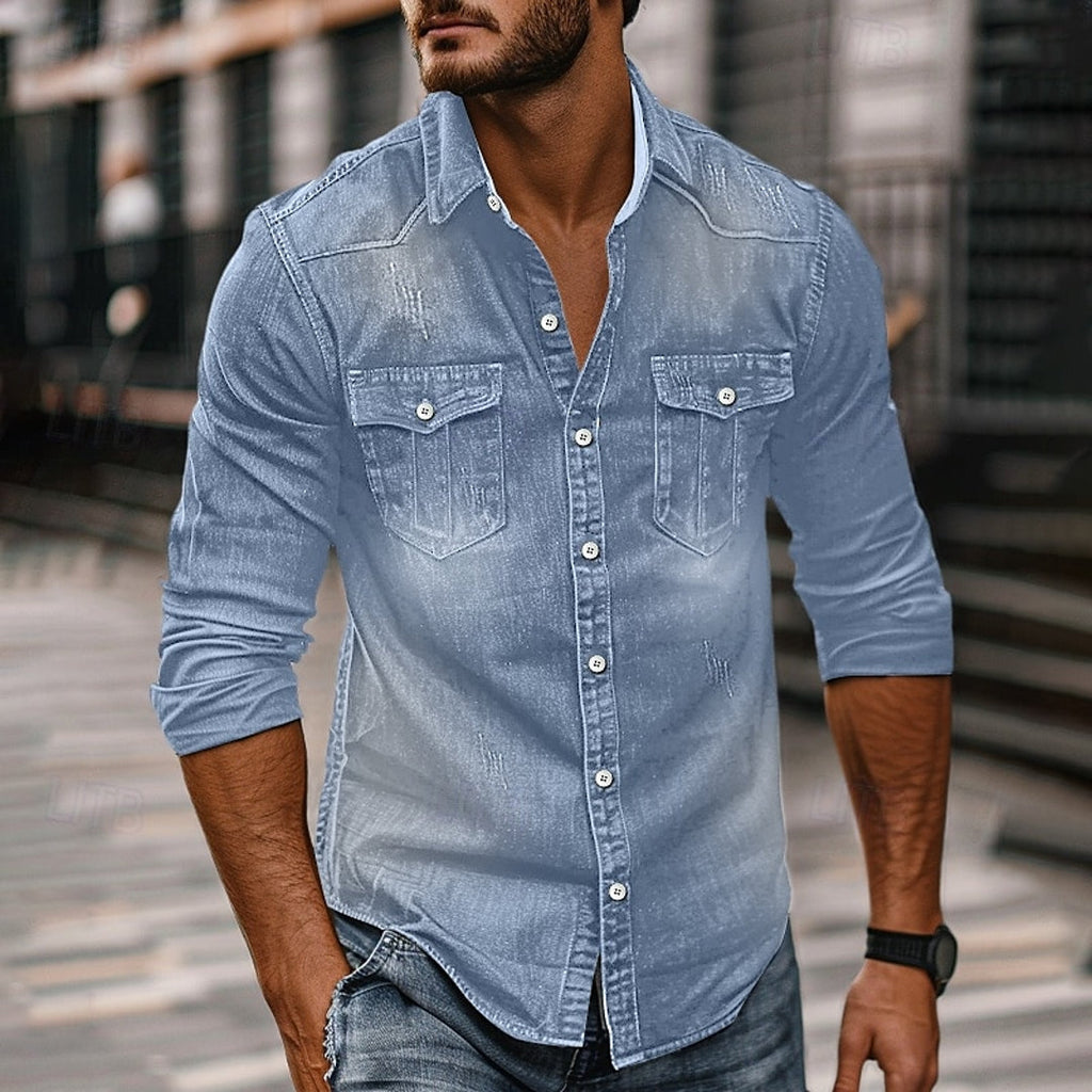 Men's light blue button-up shirt with rolled sleeves