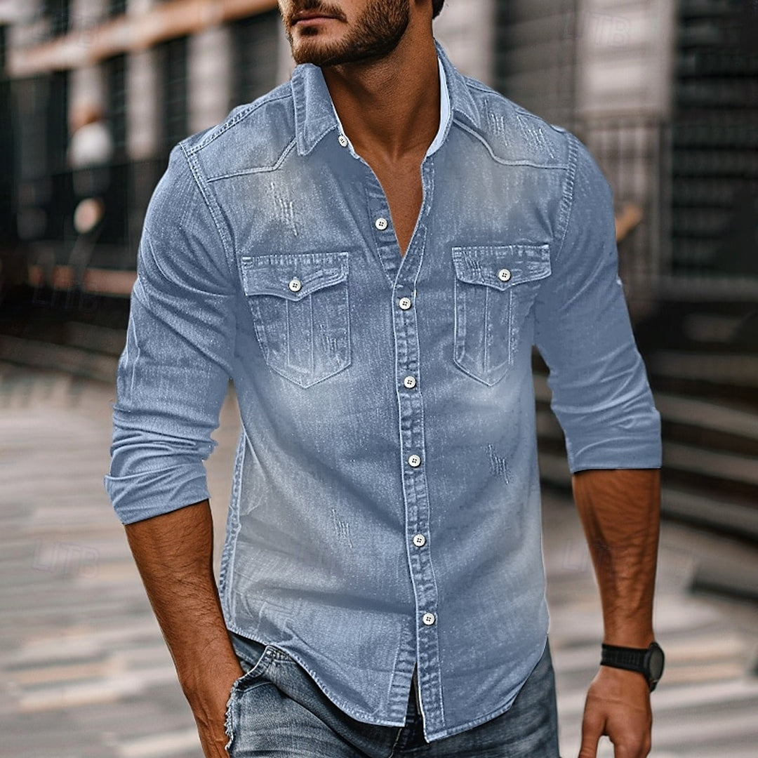 Men's light blue button-up shirt with rolled sleeves
