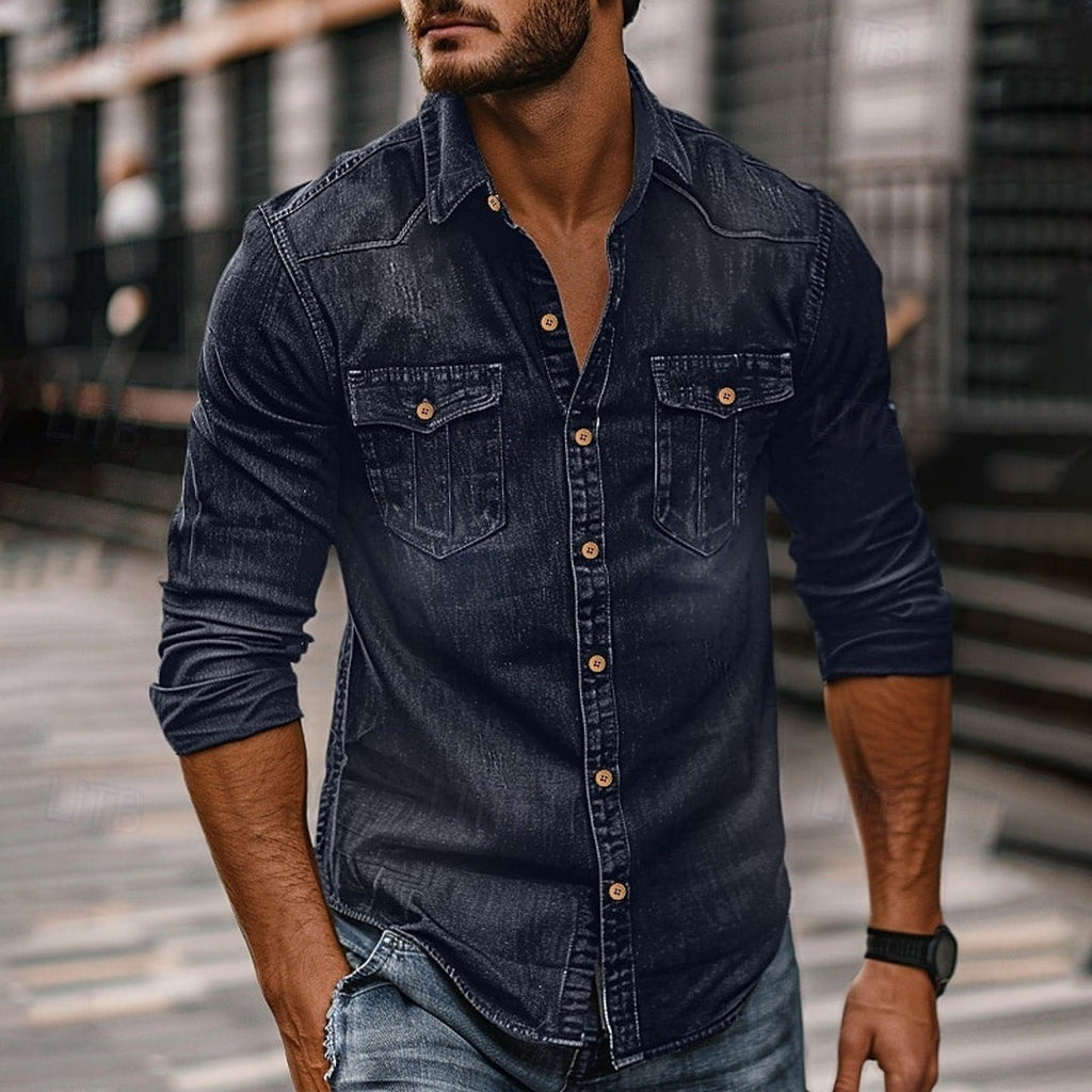 Men's dark navy button-up shirt with flap pockets