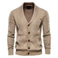 Men's khaki shawl collar cable knit cardigan