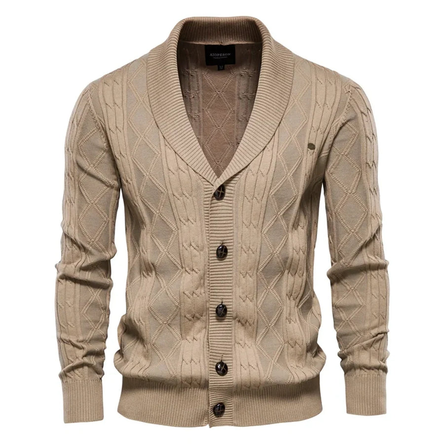 Men's Shawl Collar Cable Knit Cardigan with Buttons for Smart Casual Days