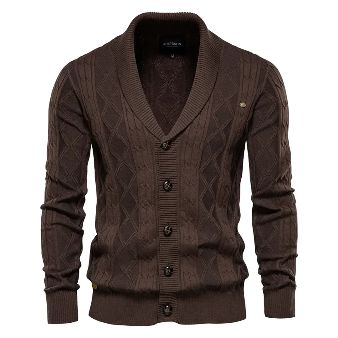 Men's dark brown cable knit cardigan with buttons