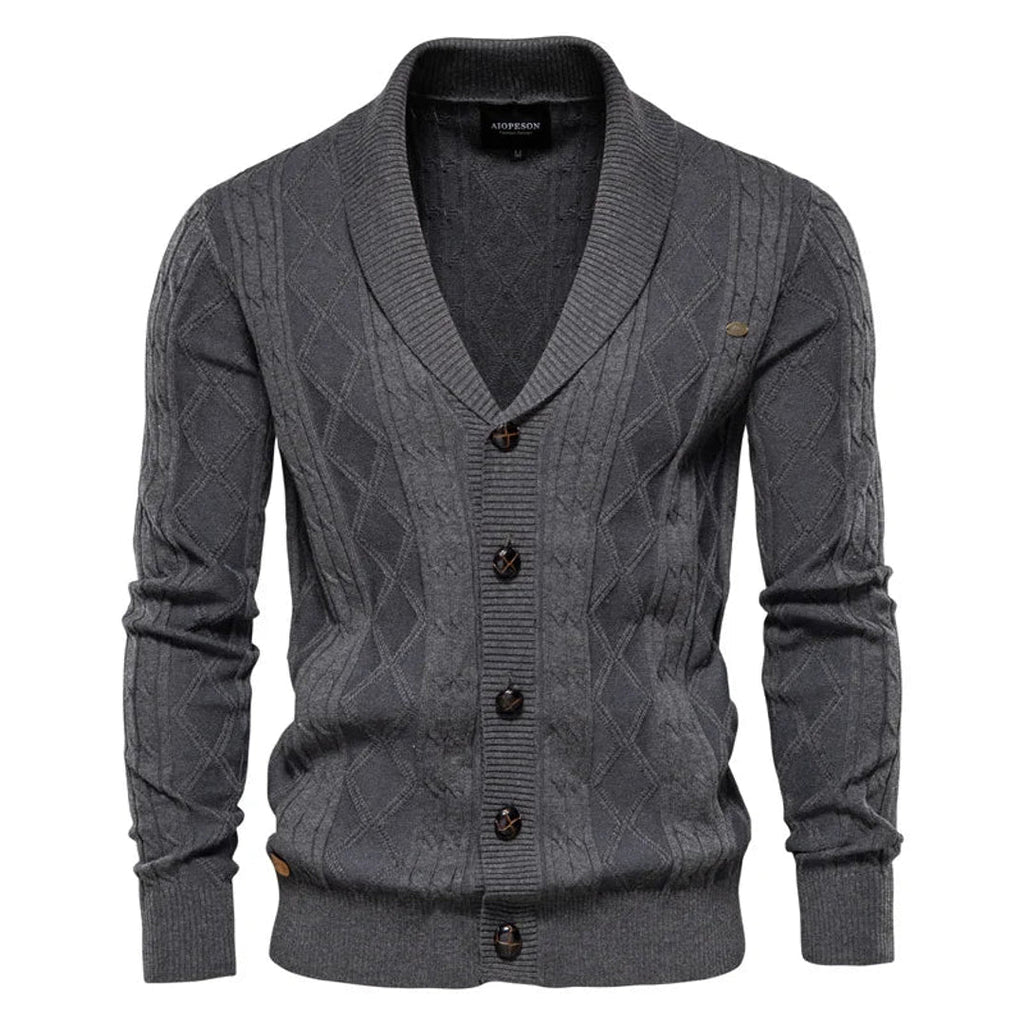 Men's grey cable knit cardigan with shawl collar