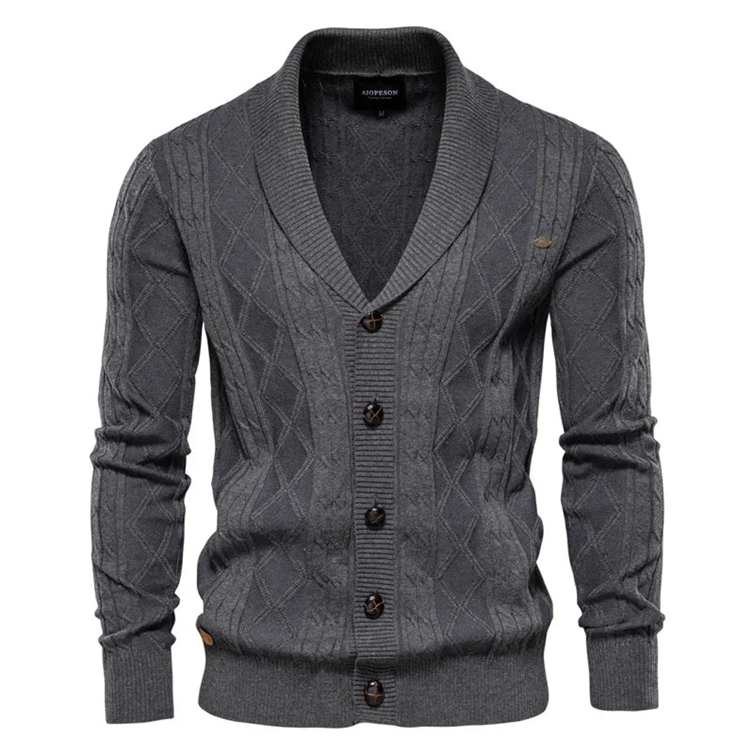 Men's grey cable knit cardigan with shawl collar