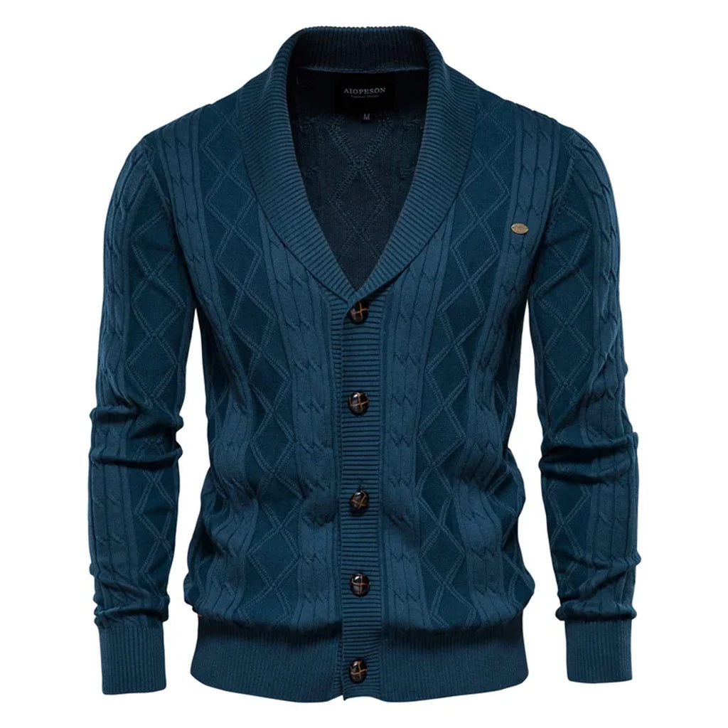 Men's blue button-front knit cardigan